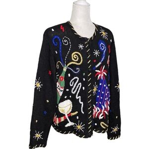 Vtg New Years NYE Ugly Holiday Party Beaded Embellished Embroidered Sweater Sz S